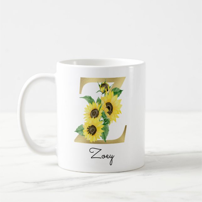 Mug Tournesol Floral Initiale Z Or Monogrammé (Gauche)
