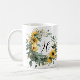 Mug Tournesol Initial Élégant Aquarelle Vintage 