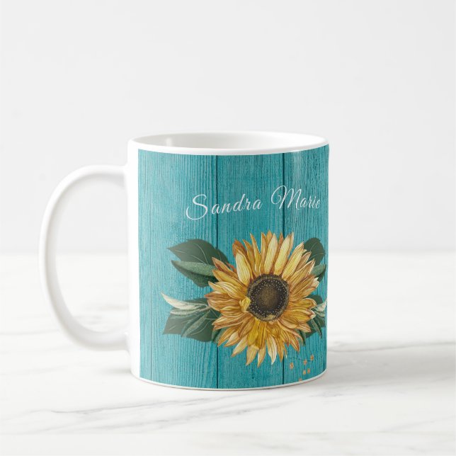 Mug Tournesol jaune doré rustique Bois Turquoise | nom (Gauche)