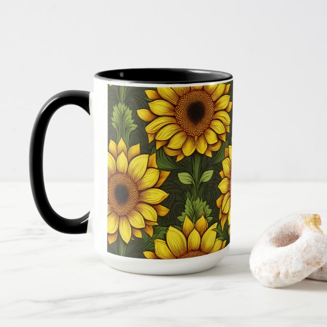 Mug Tournesol orange jaune avec vert et Brown (Avec donut)