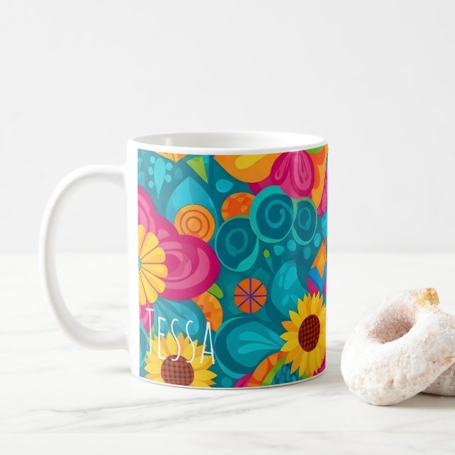 Mug Tournesol Psychedélique Rétro Pop Art des Années 7 (Avec donut)