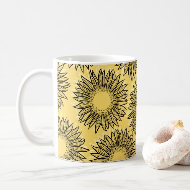 Mug Tournesol Rustique Floral Dessiné à la Main (Avec donut)