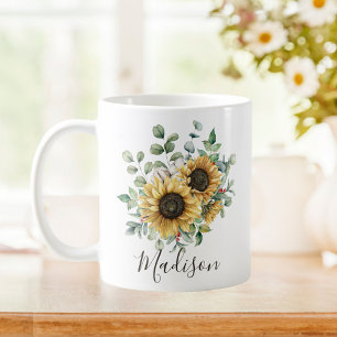 Mug Tournesol rustique vintage à aquarelle monogrammé