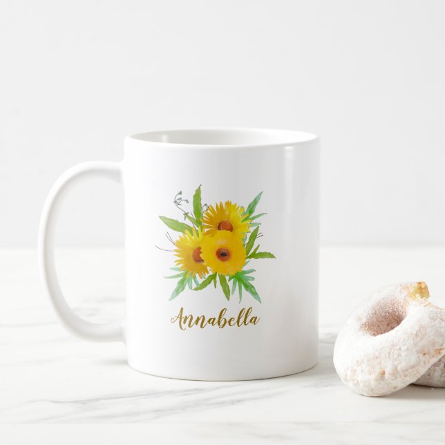 Mug Tournesols Boho avec nom cadeau  (Avec donut)