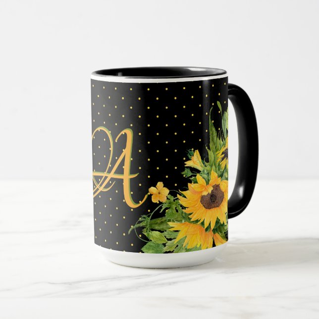 Mug Tournesols monogrammes Décor gris jaune (Devant droit)