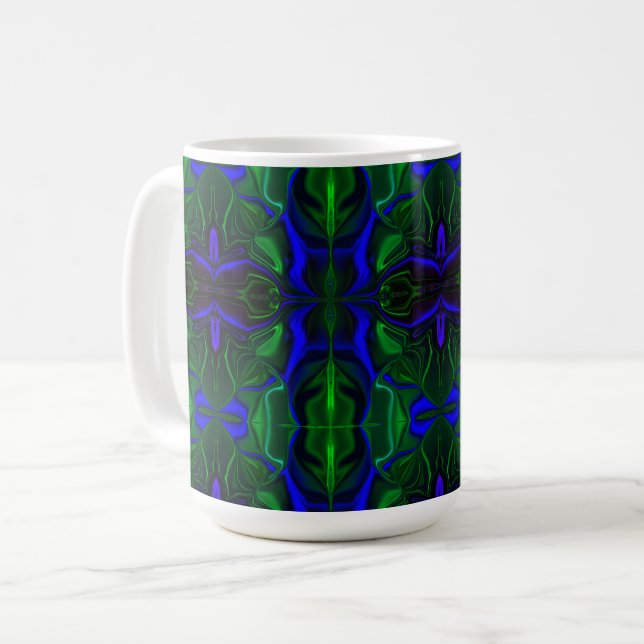 Mug Traços azuis "flutuando" sobre fundo verde. (Devant gauche)