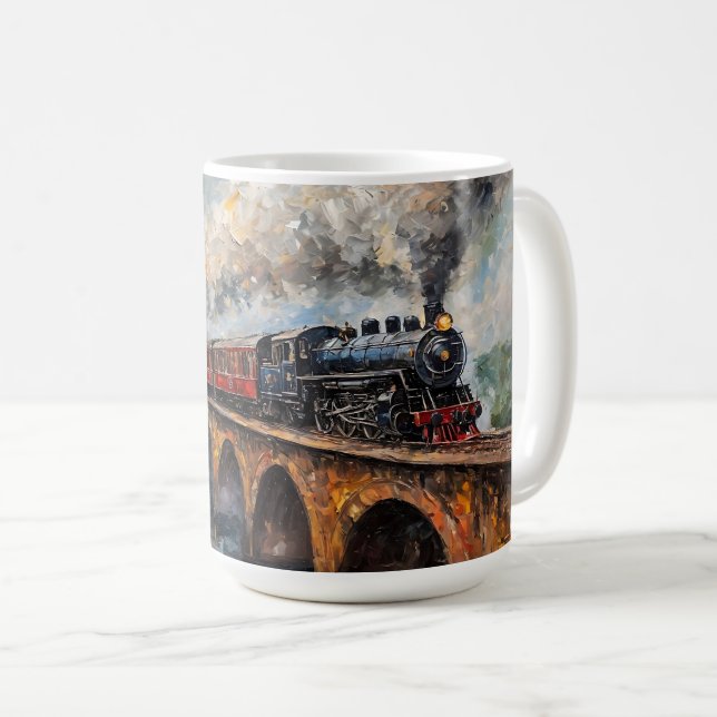 Mug Train à vapeur sur un pont - Peinture à l'huile (Devant droit)