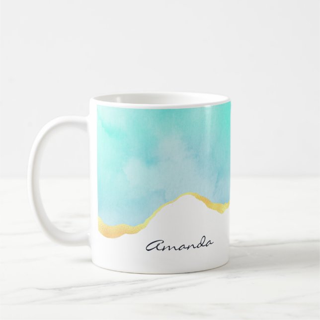 Mug Tranquille Tropical Vert Bleu avec bordure or (Gauche)
