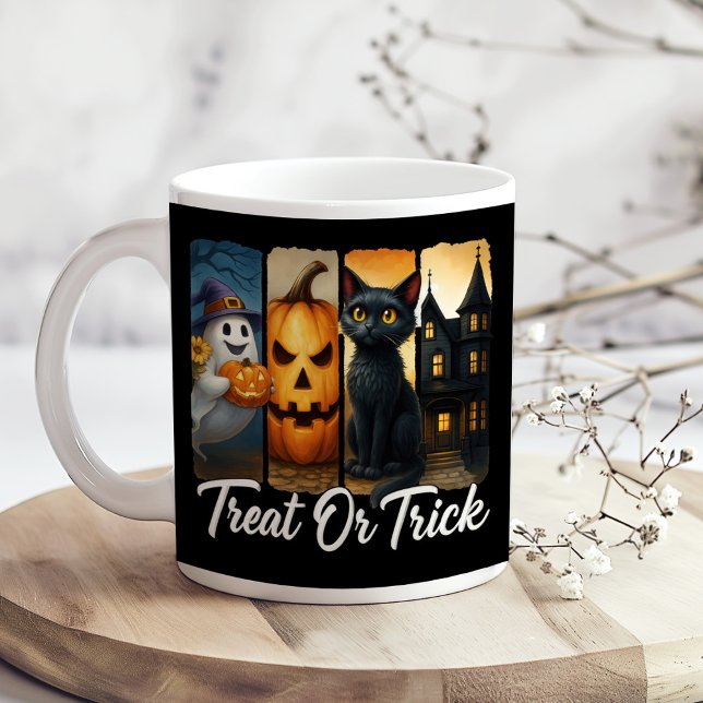 Mug "Treat or Trick" Halloween Brush Stroke Chat ("Treat or Trick" Halloween Brush Stroke Cat Coffee Mug on a boho kitchen table with tiny flowers)