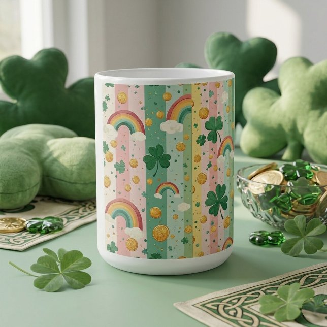 Mug Trèfles arc-en-ciel irlandais pastel rose vert  (Rainbow Shamrocks Irish Pastel Lucky Pink Green Coffee Mug)