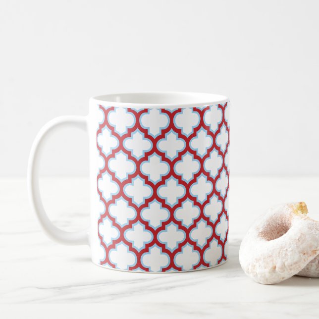 Mug Trellis blanc et rouge, treillis, Quatrefoil (Avec donut)