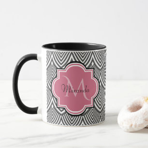 Mug Trendy Black Arched Scallops Pink Monogramme Nom