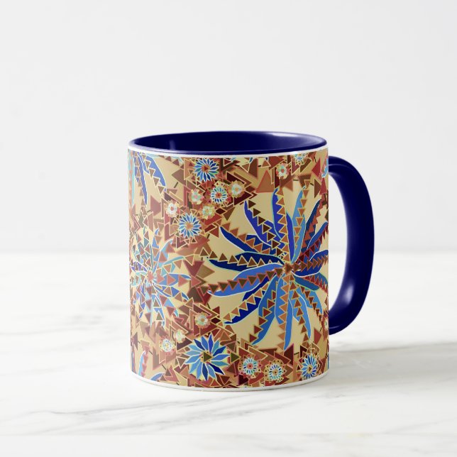 Mug Tribal Mandala Print, Camel Tan et Denim Blue (Devant droit)