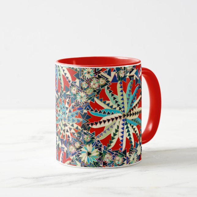 Mug Tribal Mandala Print, Rouge, Bleu et Crème (Devant droit)