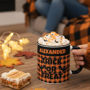 Mug Trick or Treat Halloween Orange et Noir Plaid Nom