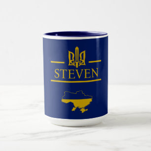 Mug Trident ukrainien avec votre nom Police dorée Bleu