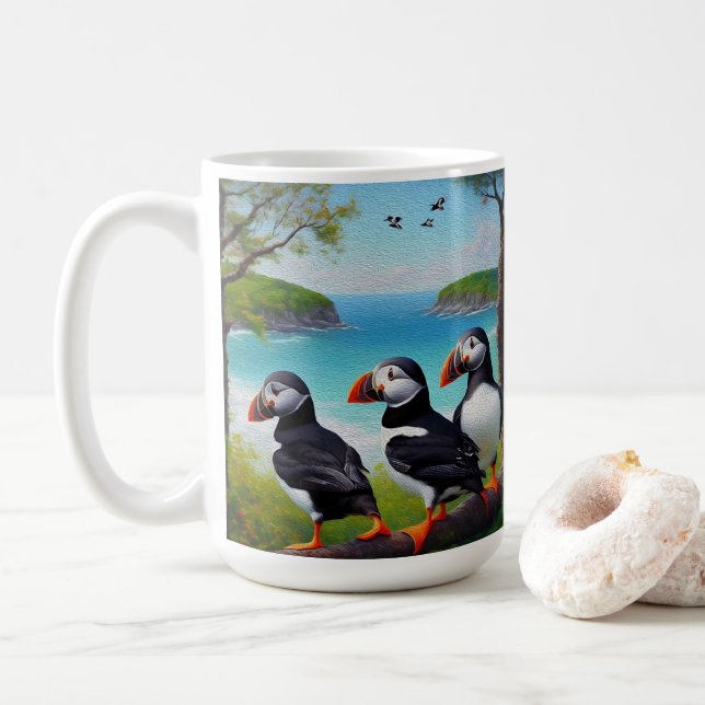 Mug Trio côtier : Trois Macareux sur la Plage en Huile (Avec donut)
