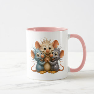Mug Trio de souris 3D joyeuses avec reflets.