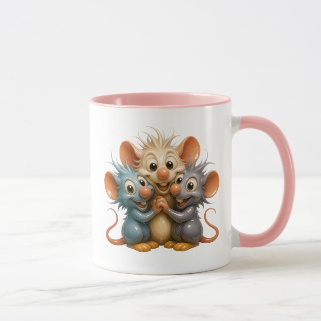 Mug Trio de souris 3D joyeuses avec reflets. (Droite)