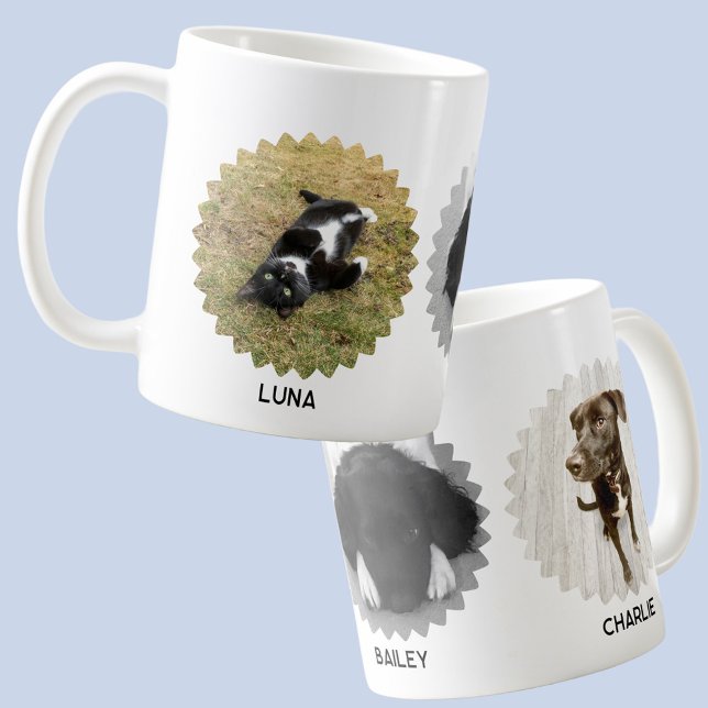 Mug Trois animaux de compagnie Wavy Edifié Photo Nom d (Modern wavy frame three pet photo collage custom names coffee mug for animal lovers)
