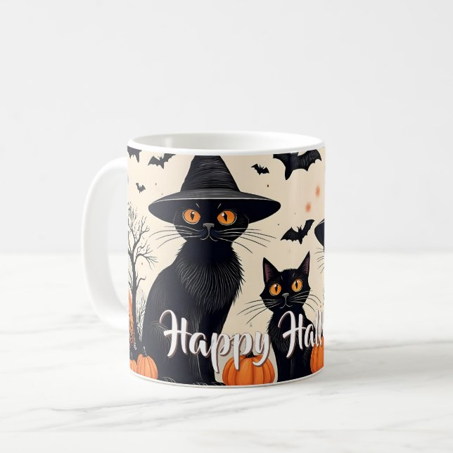 Mug Trois chats noirs avec des chapeaux à Halloween (Devant gauche)