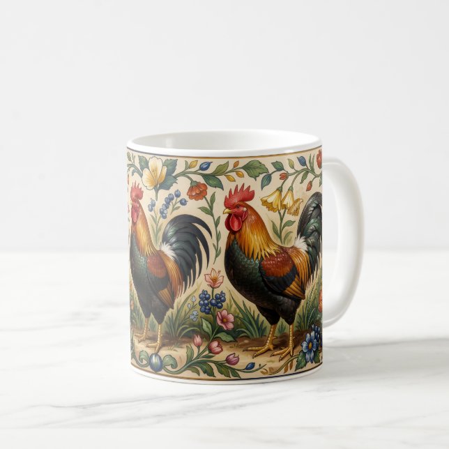 Mug Trois coqs dans un jardin fleuri (Devant droit)