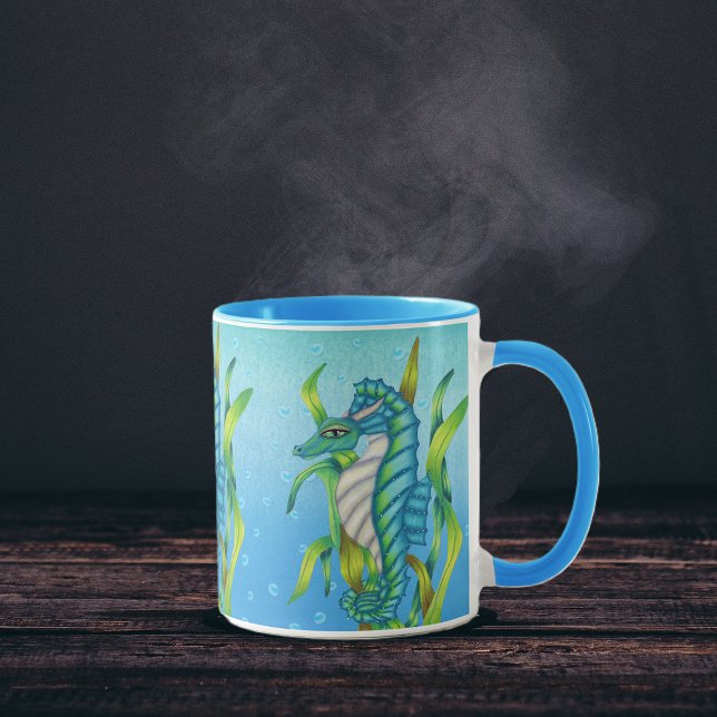 Mug Trois Dragons Bleus Vertes À Cheval De Mer Eau D'A (Fantasy seahorse dragon in blue green in seaweed water bubbles on coffee or tea mug.)