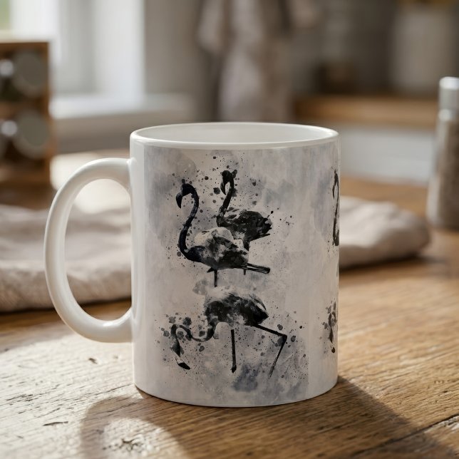 Mug Trois flamants rose et blanc aquarelle (Three Flamingos Black and White Watercolor. Coffee Mug)