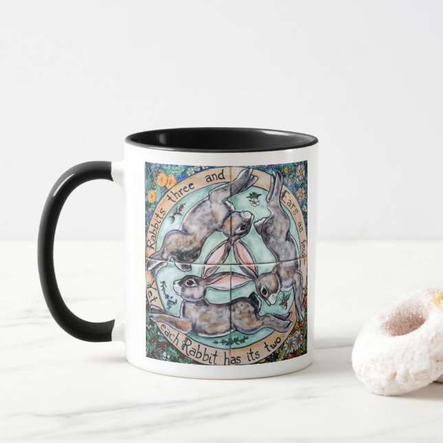 Mug Trois Hares Lapin Quatre Saisons Coloré Whimsical (Avec donut)