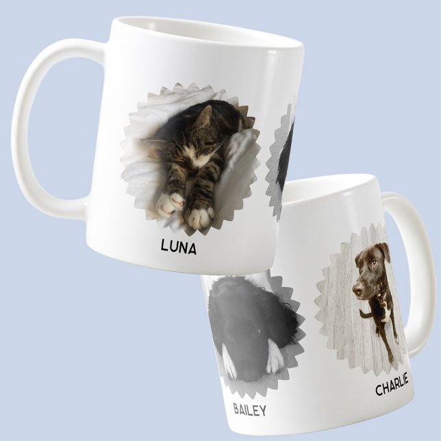 Mug Trois noms de collage photo à bords ondulés pour a (Modern wavy edged photo collage with personalized names coffee mug for pet and animal lovers)