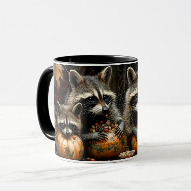 Mug Trois ratons laveurs et citrouilles d'automne vint (Devant gauche)