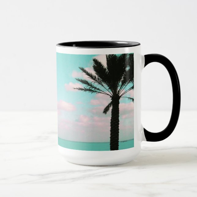 Mug Tropical Beach, Ocean View, Pink Clouds, Palm (Droite)