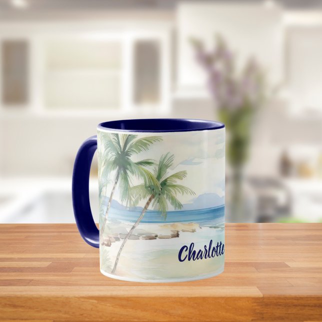 Mug Tropical beach palm trees name blue summer (Créateur téléchargé)