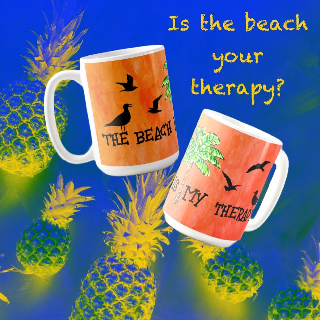 Mug Tropical Beach Therapy Palm Tree Seagulls (Fun retro colorful design on this mug says "the beach is my therapy". )