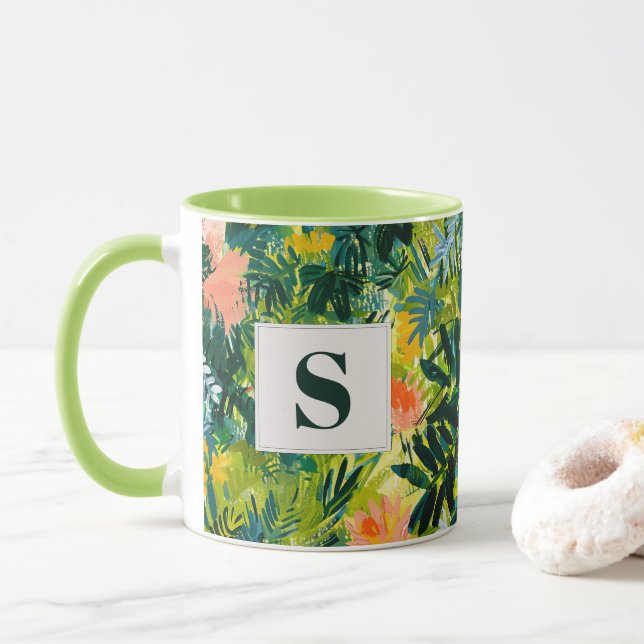 Mug Tropical Green Abstrait Botanical Monogrammé (Avec donut)