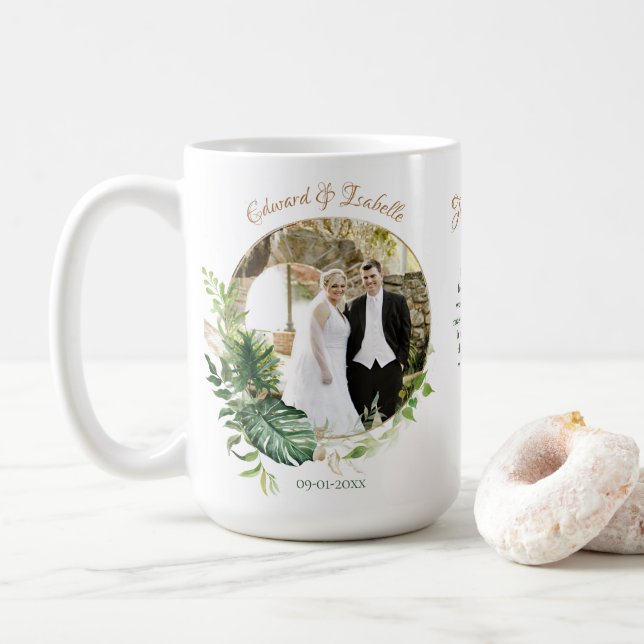 Mug Tropical Green Monstera Feuilles Photo Wedding Fav (Avec donut)