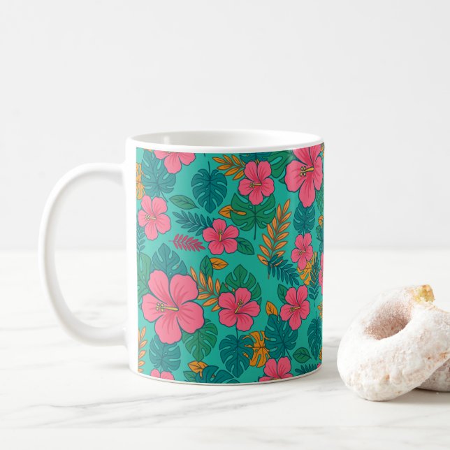 Mug Tropical Hibiscus and Palm Leaf Pattern  (Avec donut)