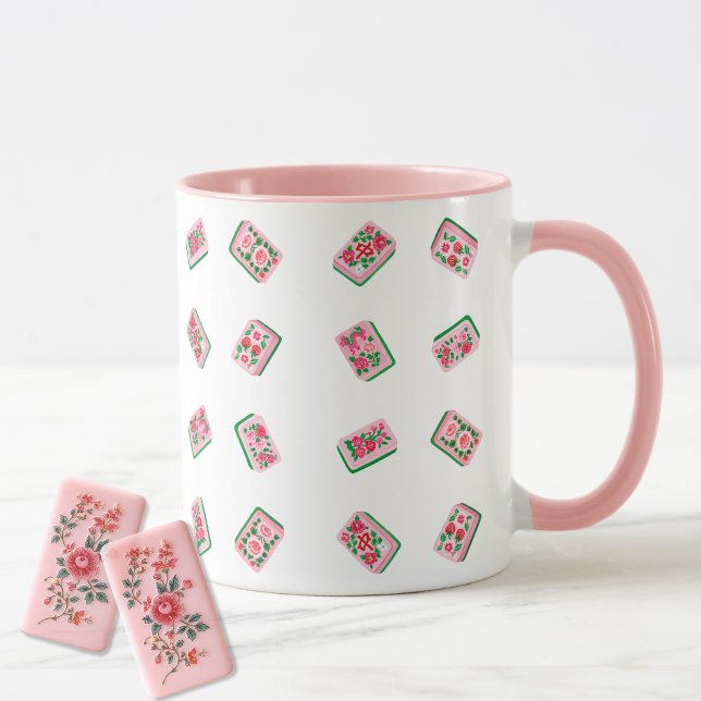 Mug Tuiles de Mahjong Fleuries Rose Féminin (Créateur téléchargé)