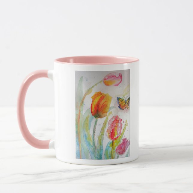Mug Tulipe colorée et papillon Aquarelle florale (Gauche)