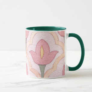 Mug Tulipes artistiques antiquités vert foncé et rose