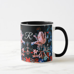 Mug TULIPES BLANCHES ROSES,Monogramme floral en noir
