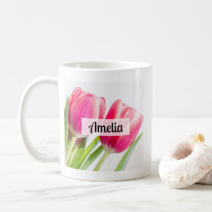 Mug Tulipes roses avec Feuille vert photo