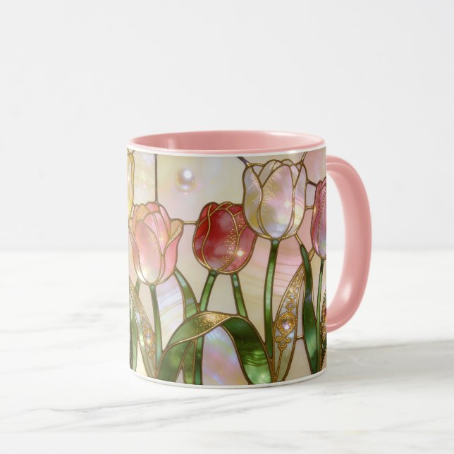 Mug Tulipes Roses et Jaunes de Style Vitrail (Devant droit)