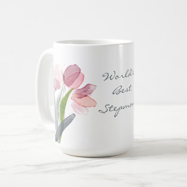 Mug Tulipes roses Feuilles blanches Meilleure belle-mè (Devant gauche)