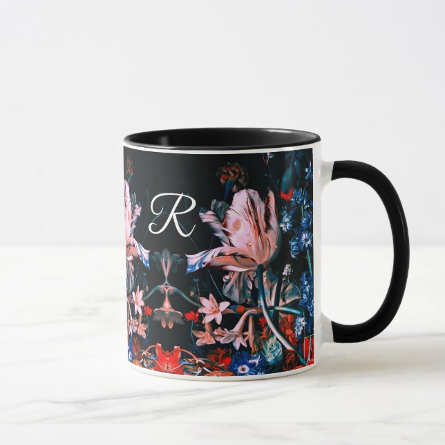 Mug TULIPS BLANC ROSE, FLEURS EN MONogramme Floral NOI (Droite)