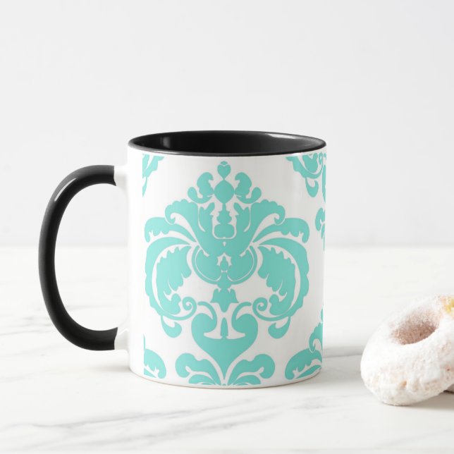 Mug Turquoise Aqua & Blanc Elegant Chic Damask Patte (Avec donut)