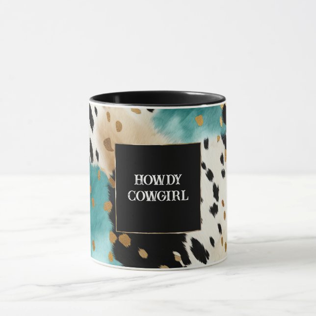 Mug Turquoise Black Cream Gold Western Cowgirl Cowhide (Centre)