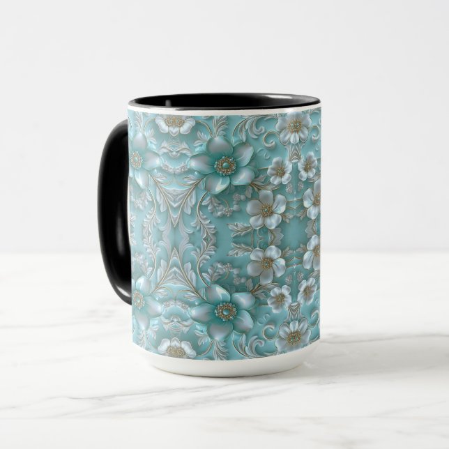 Mug Turquoise blanc floral (Devant gauche)