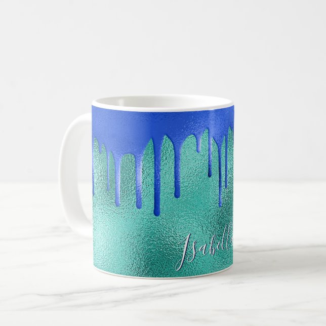 Mug Turquoise bleu bleu vert gouttes nom métallique (Devant gauche)