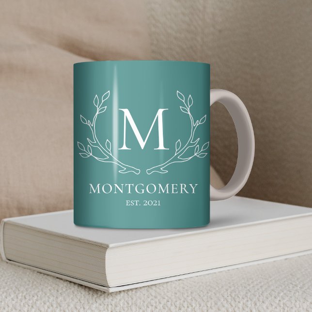 Mug Turquoise Branches Rustiques Antlers Monogramme (Teal Rustic Branches Antlers Monogram Coffee Mug)